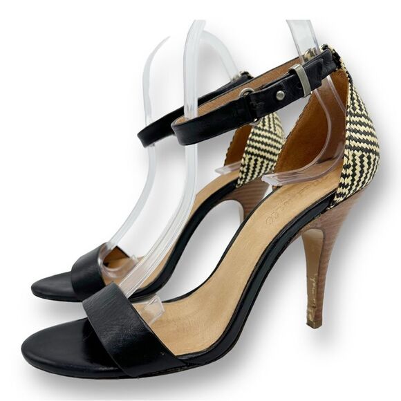 EUC Madewell Marcel Black Leather Sandals w/Woven Raffia Heels Sz 8.5 - Picture 3 of 16